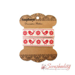 Стрічка бавовна 15мм пташки та квіточки 390201, 2м