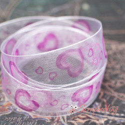 Стрічка органза 25мм серця білий фуксія, 1м