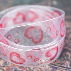 Стрічка органза 25мм серця білий червоний, 1м