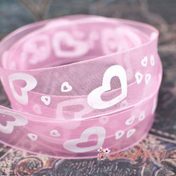 Стрічка органза 25мм серця рожевий білий, 1м