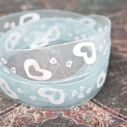 Стрічка органза 25мм серця блакитний білий, 1м