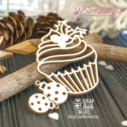 Чіпборд Scrapbox Новорічний капкейк з гостролистом та ялинковими іграшками 012, 57*55мм